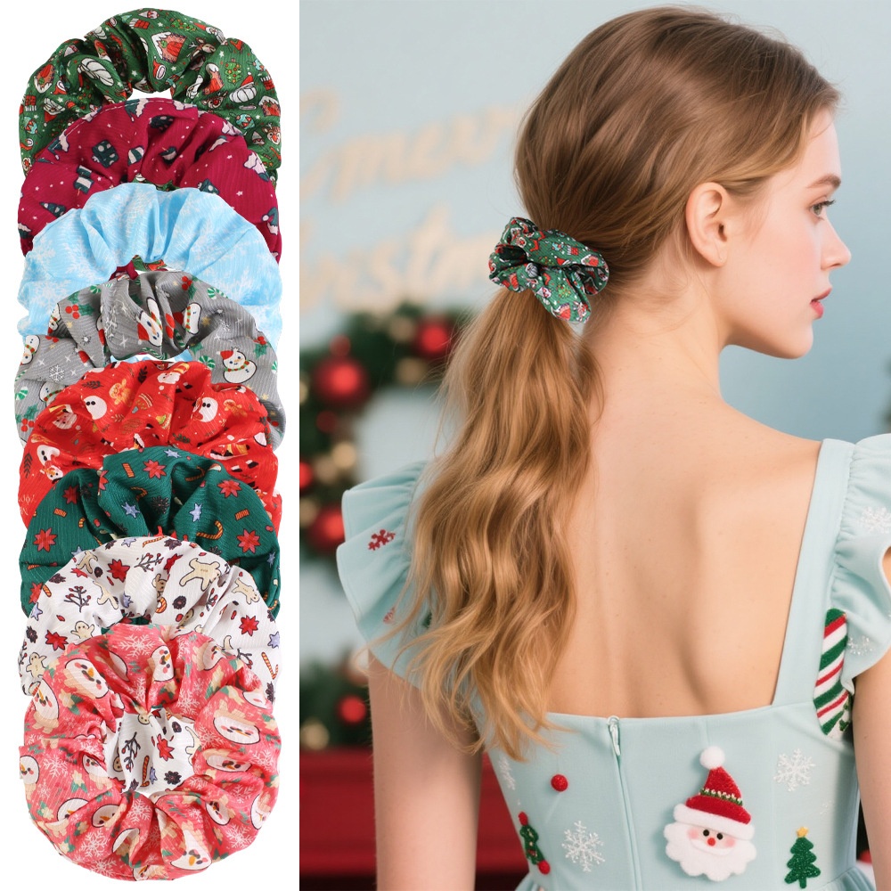 Women's Christmas Party Fabric Bow Hair Tie Reindeer Snowman Pattern