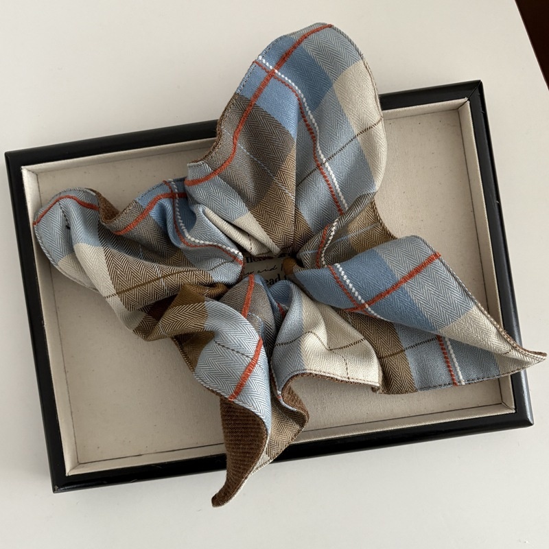 Women's Lazy Cloth Bow Scarf Scrunchie Hair Tie Light Blue Plaid