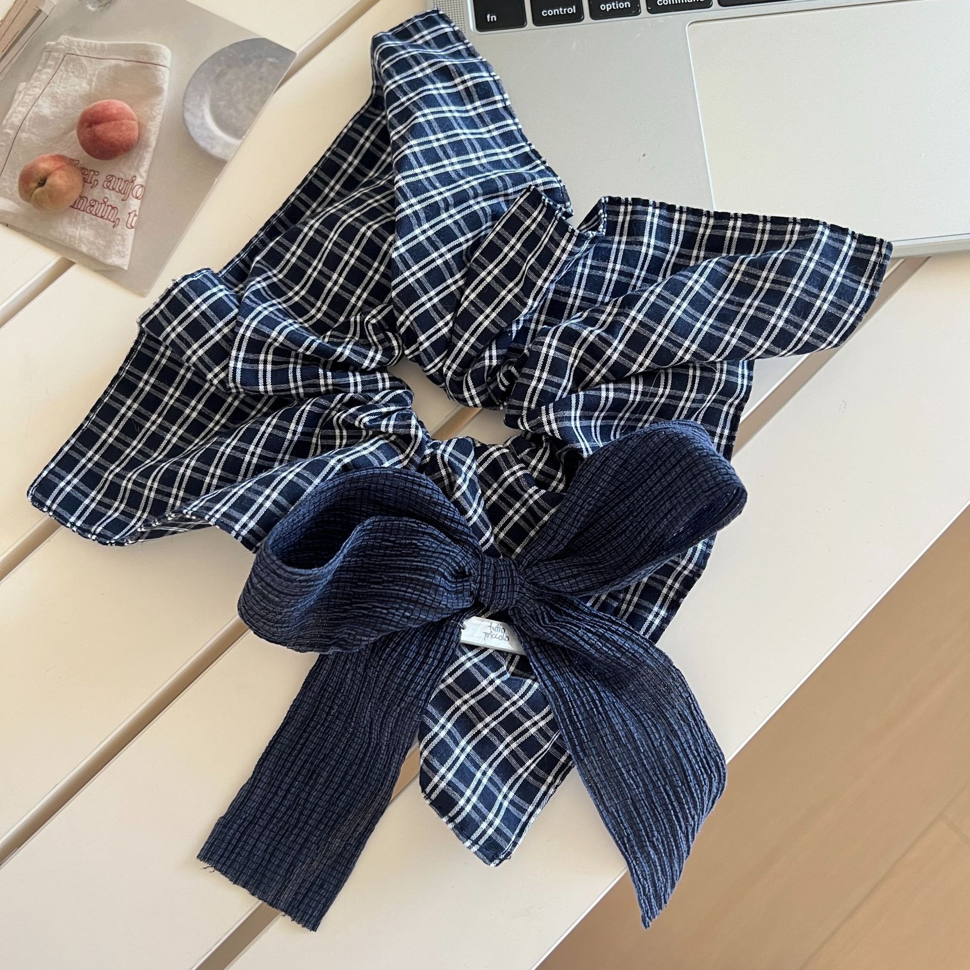 Women's Elegant Bowknot Scarf Scrunchie Hair Tie Retro Blue Denim Plaid