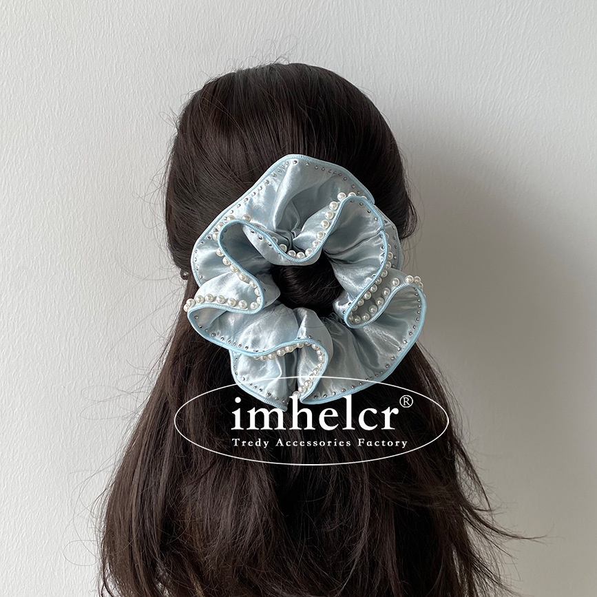 Women's French Satin Pearl Beaded Elastic Scrunchie Solid Color