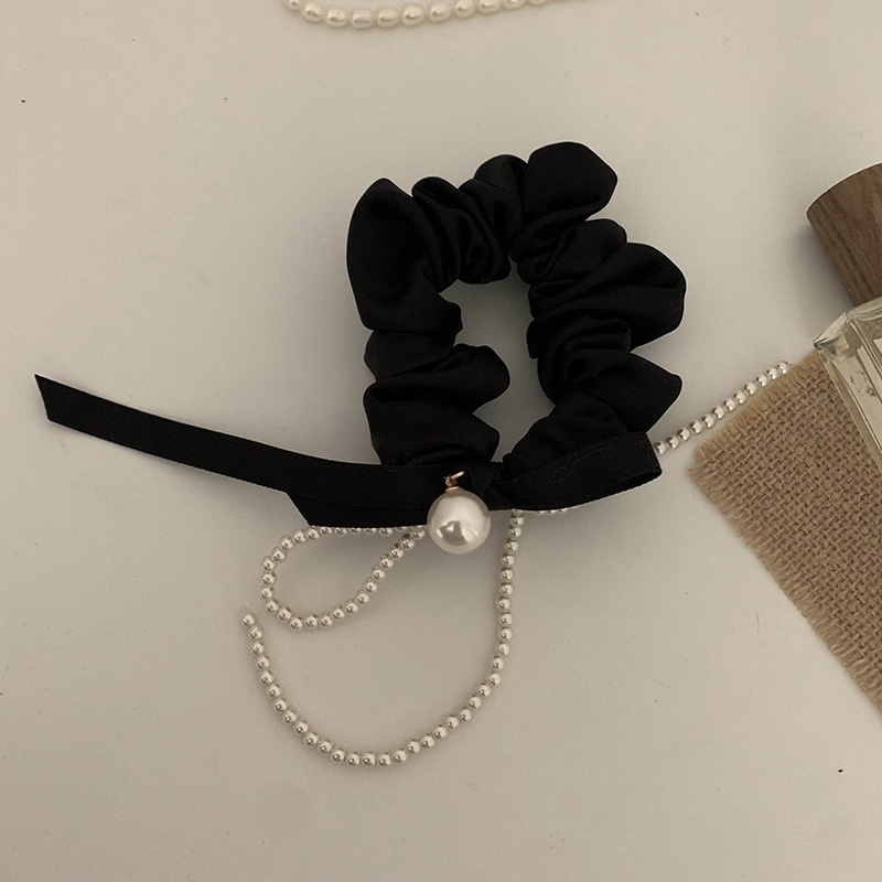 Women's French Pearl Cloth Elastic Hair Bun Tie Beige Black Bowknot