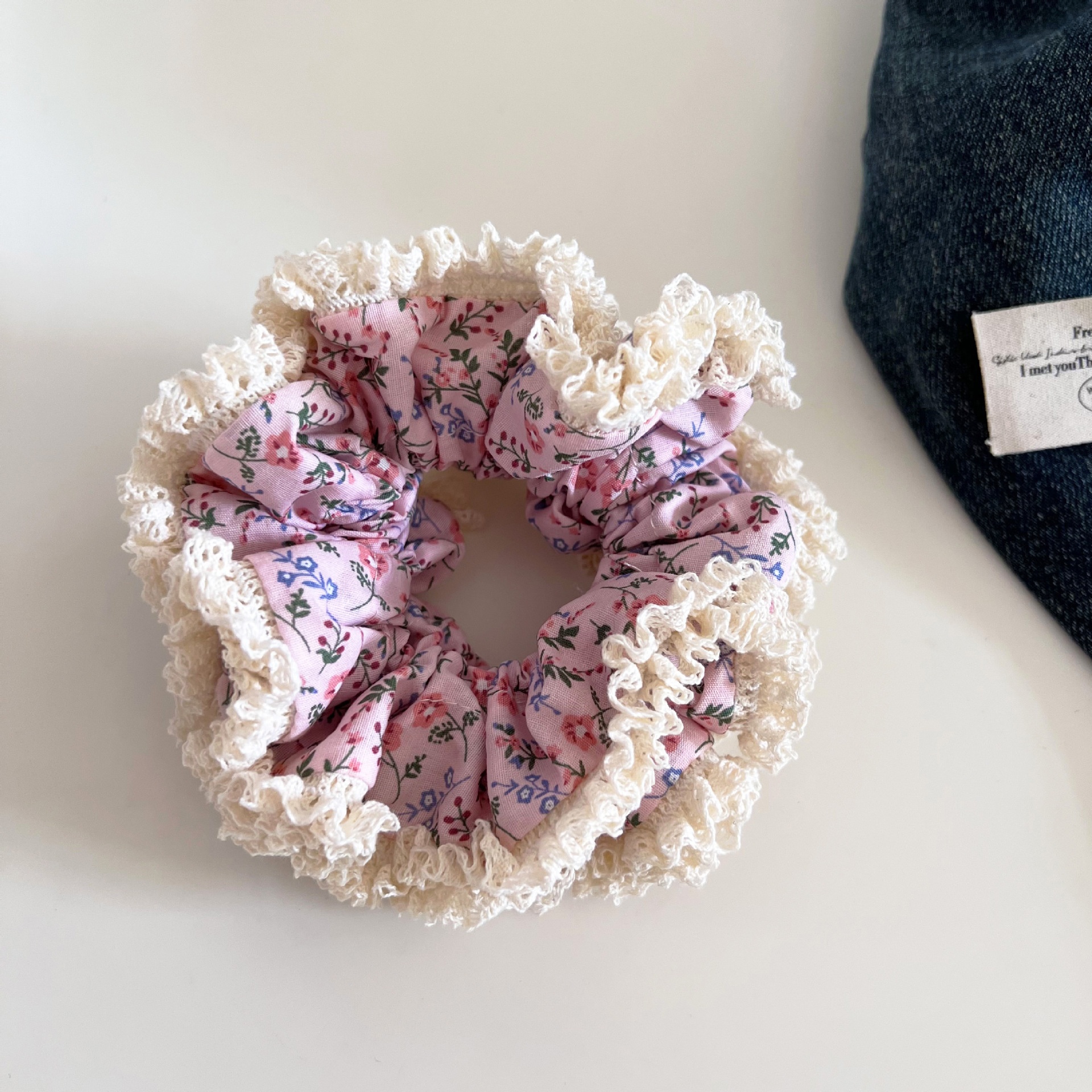 Women's Voluminous Cloth Bun Hair Tie Retro Ditsy Lace Floral