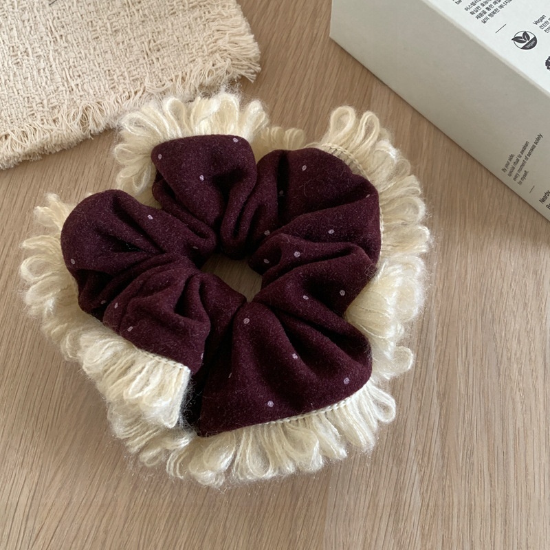 Women's Cozy Autumn Winter Cloth Hair Tie Dark Grey & Wine Red Polka Dots