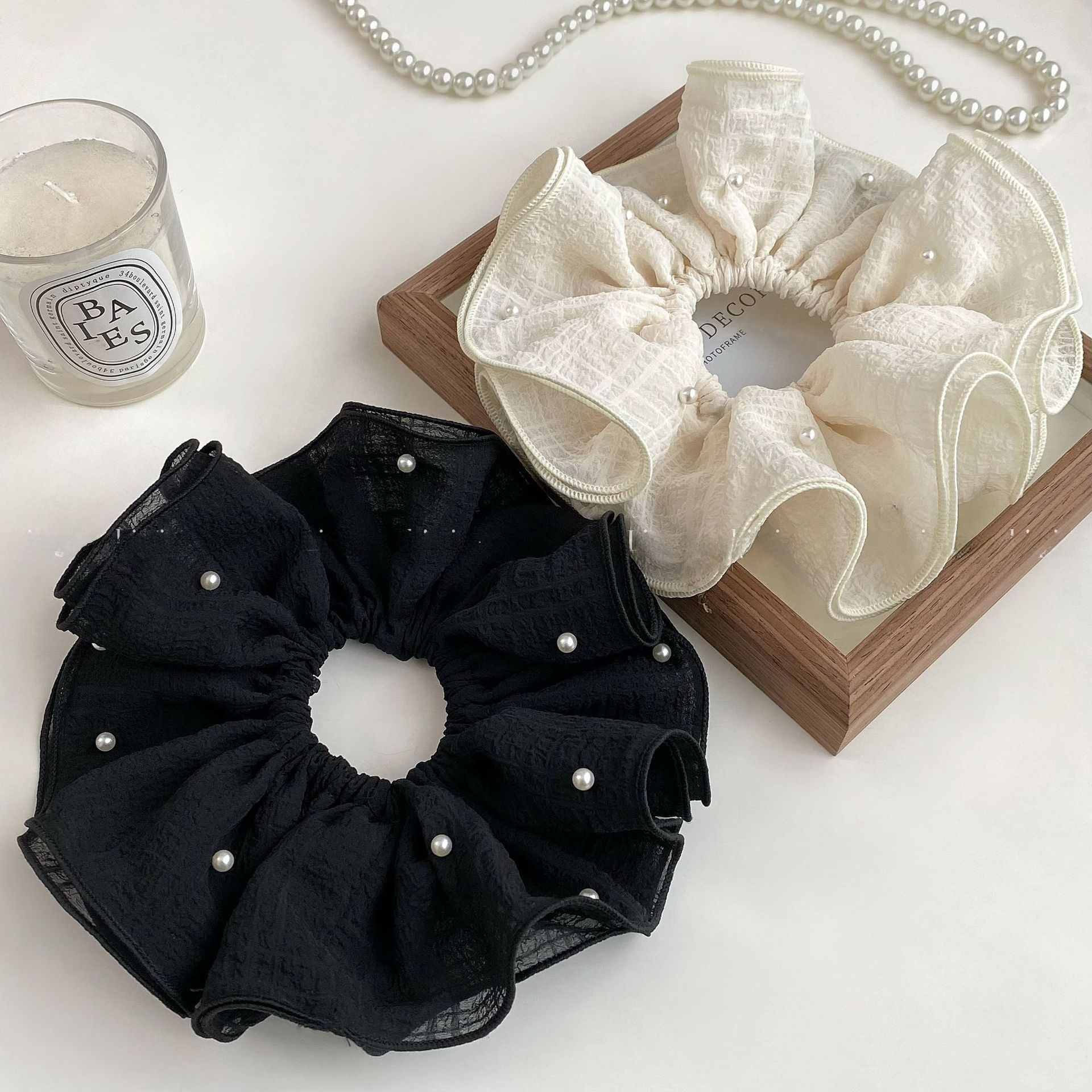 Women's Elegant Spring Pearl Gauze Hair Tie Accessory Beige Lace