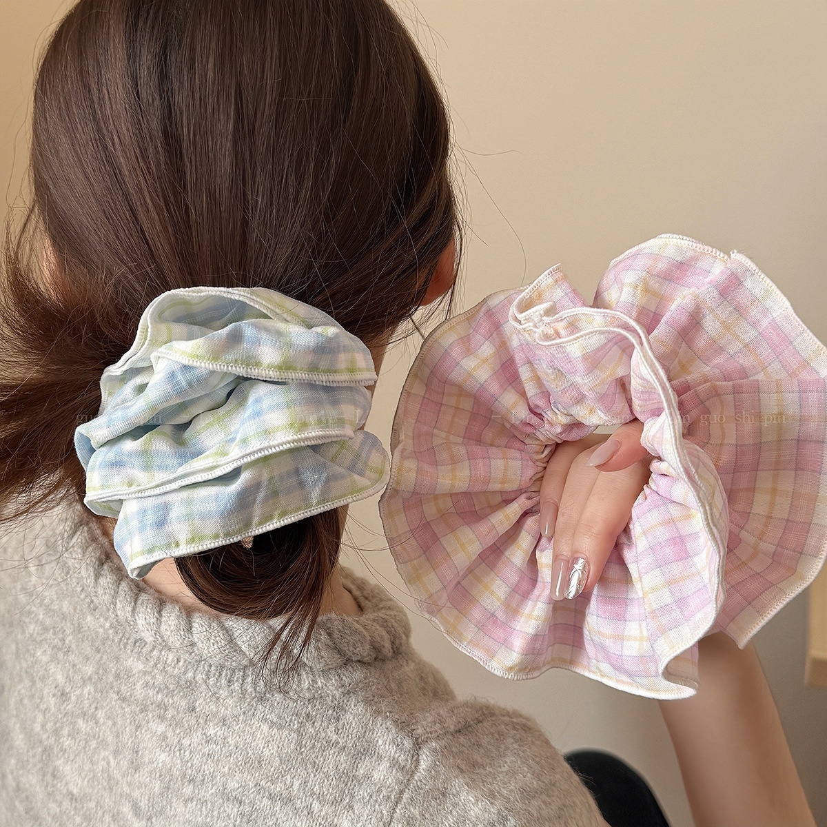 Women's Daily Cloth Hair Tie Scrunchies Pink Blue Checkered Plaid