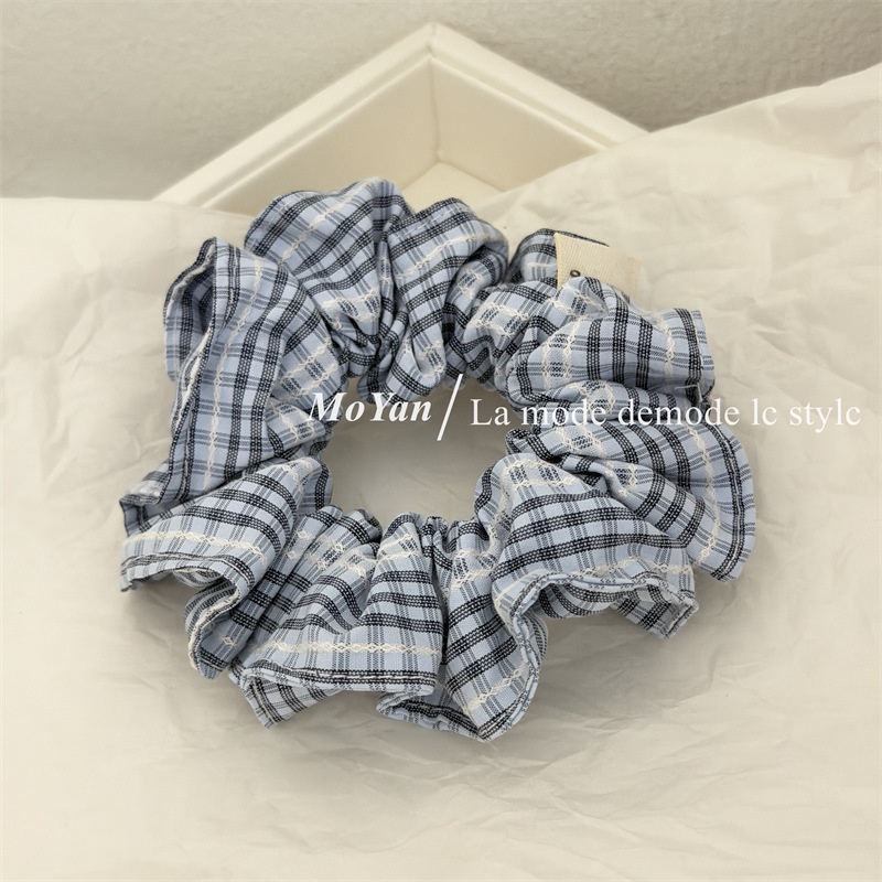 Women's All Season Cloth Hair Scrunchies Blue White Checkered Plaid