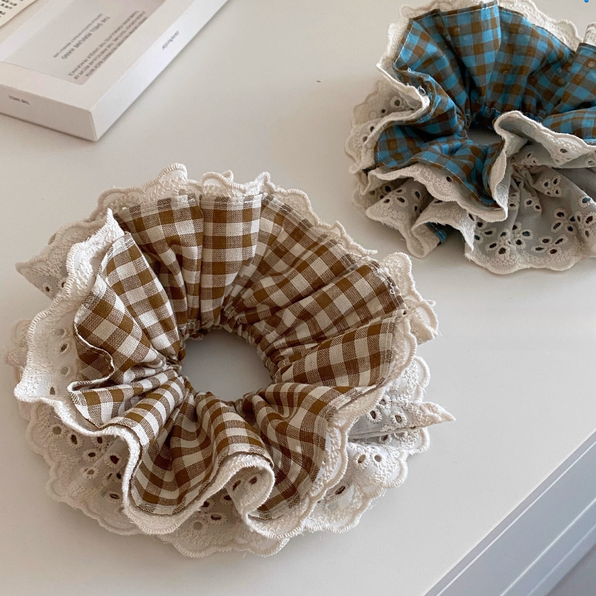 Women's Handmade Four-Layer Lace Ponytail Scrunchies Vintage Plaid