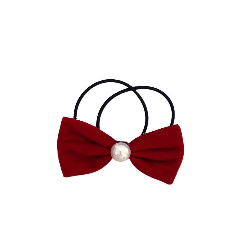 Women's Elegant Velvet Bowknot Hair Tie Pearl Ponytail Holder Black