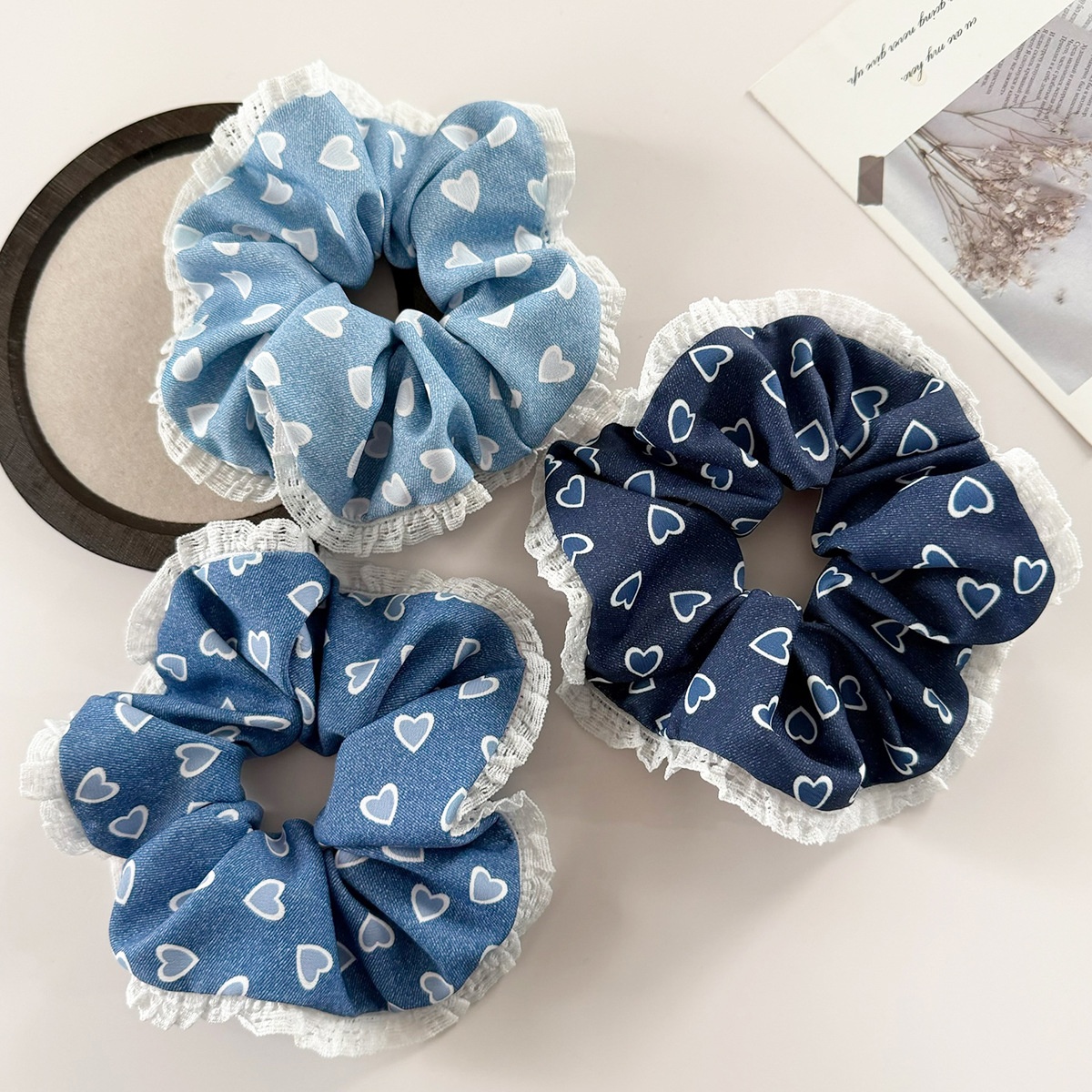 Women Denim Hairband Large Lace Edge Heart Shape Blue Hair Accessories