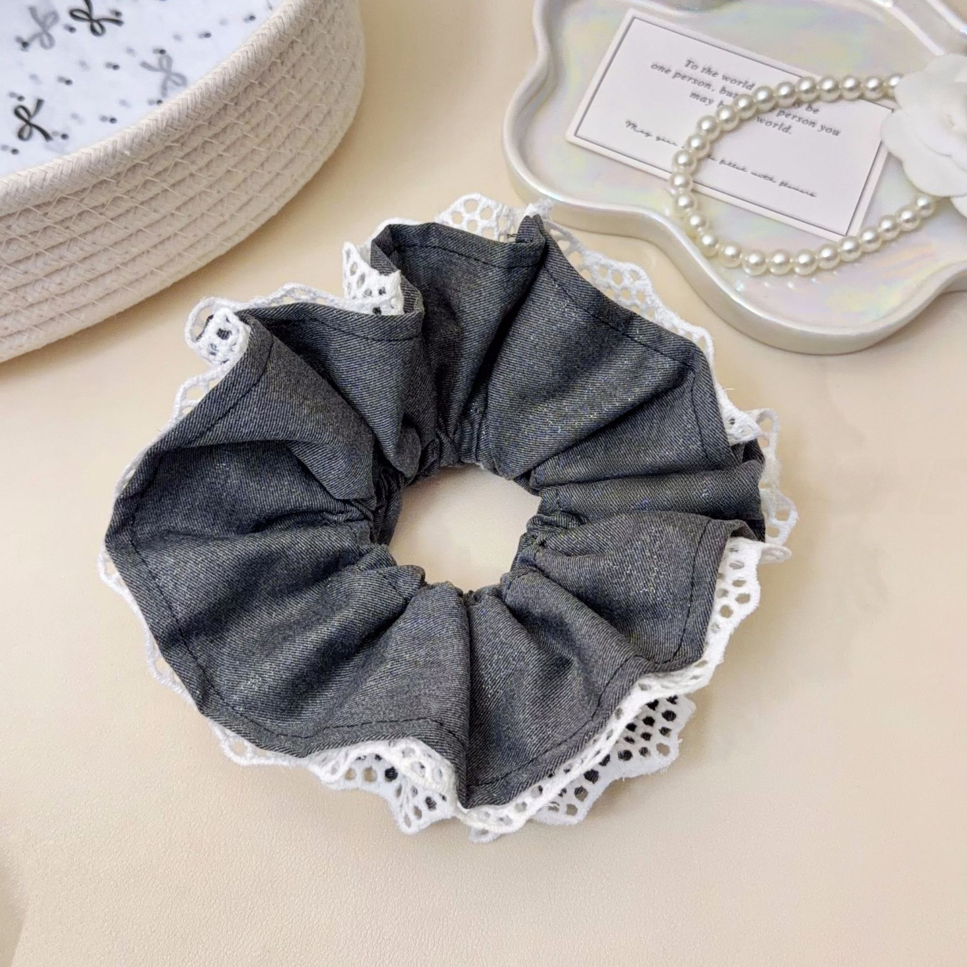 Women's Spring Lace Cloth Hair Tie Scrunchie Grey And Black Splicing