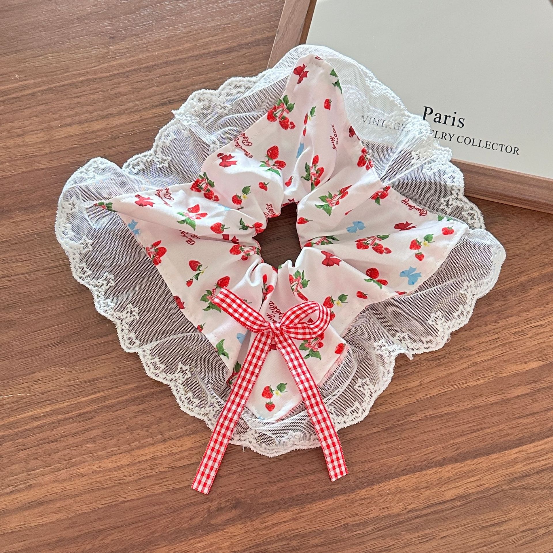 Girls Cloth Scarf Scrunchies Pastoral Fruit Hair Band Rose Red