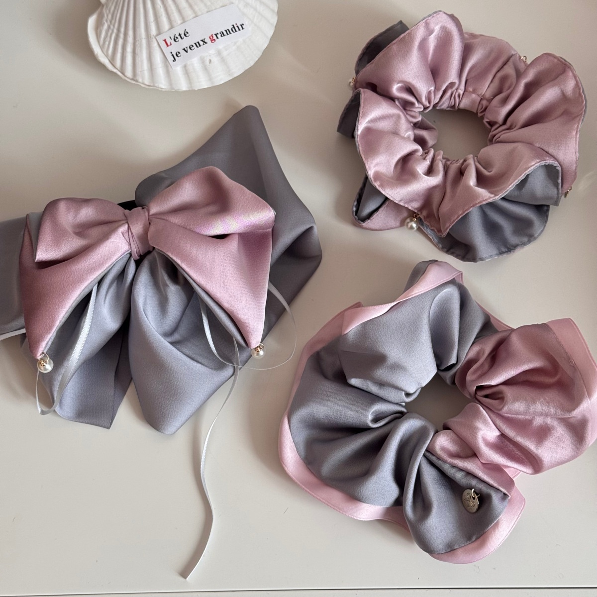 Women's Winter Satin Scrunchie Hair Tie Grey & Pink Color Block