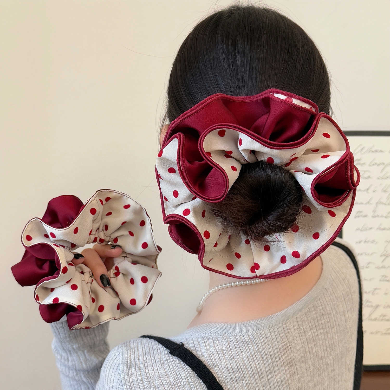 Women's Four-Layer Cloth Hair Tie For Bun Styling Red Polka Dot
