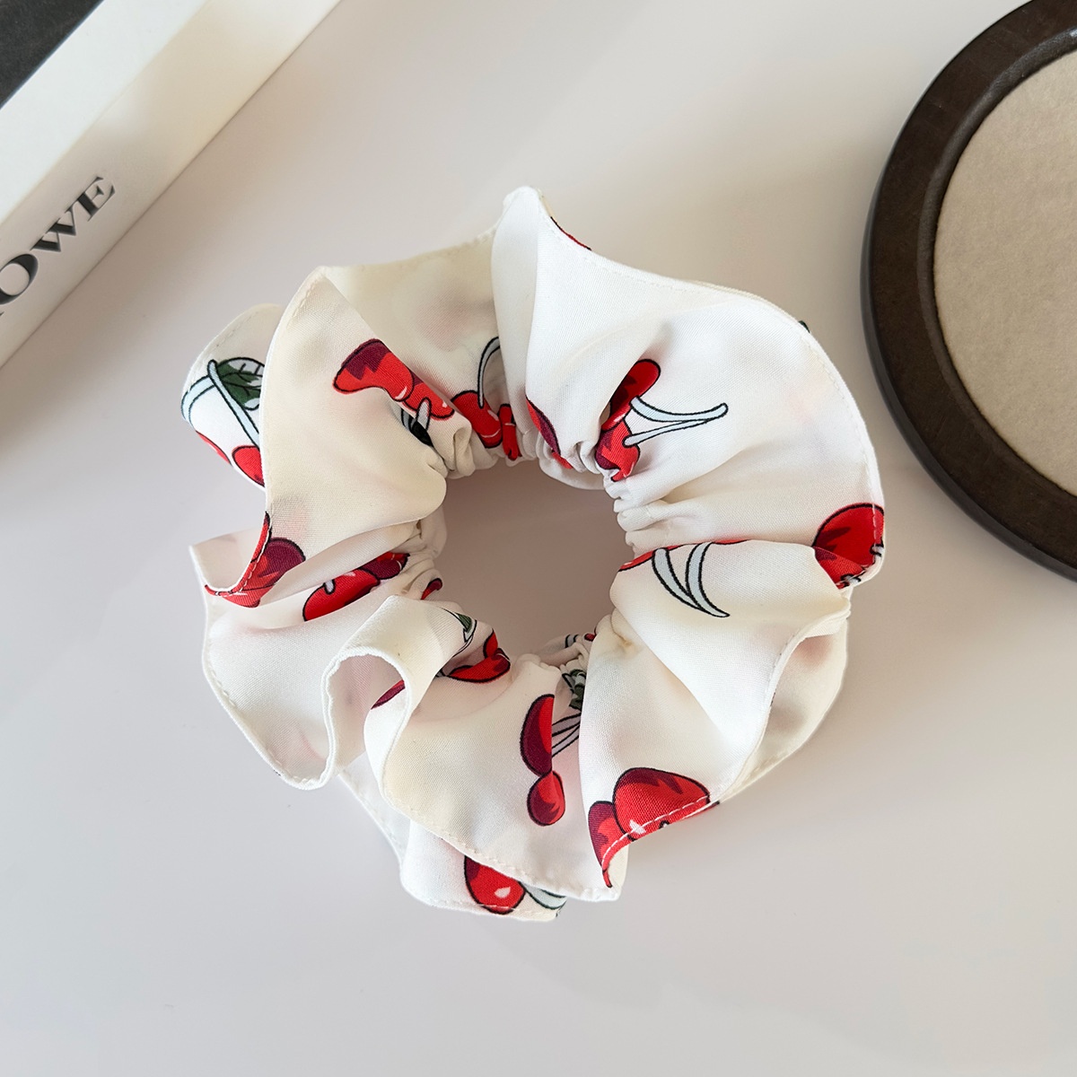 Girls Double Layer Cloth Hair Bands Cherry Print Plaid Bun Styling Rope