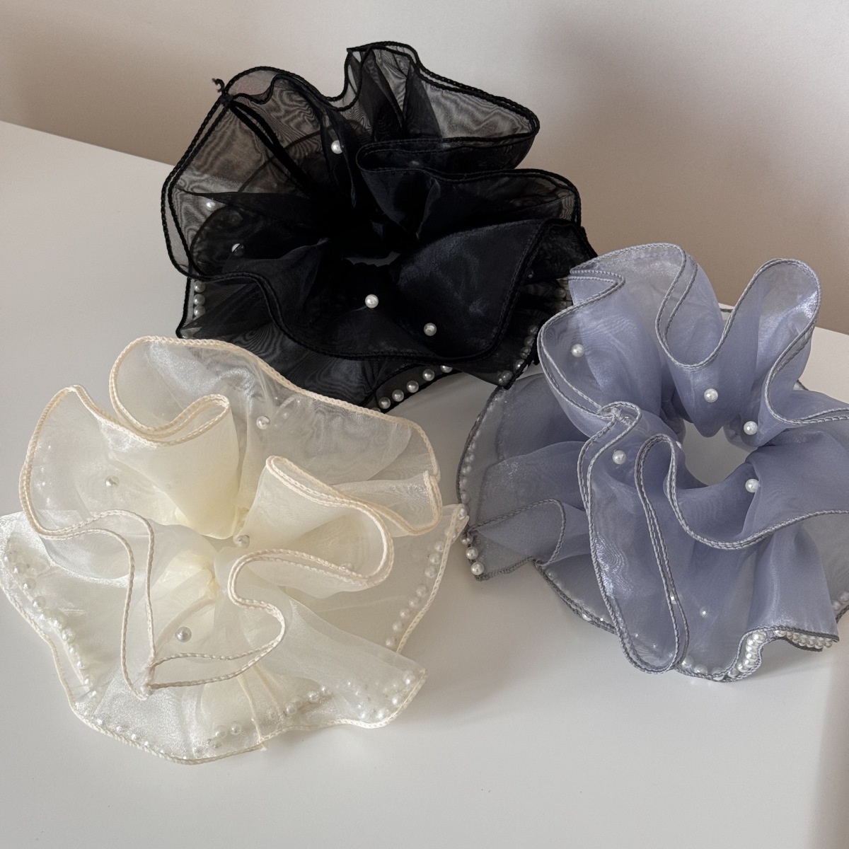 Women's Extra Large Hepburn Beaded Net Hair Tie Volume-Increasing Solid Cloth