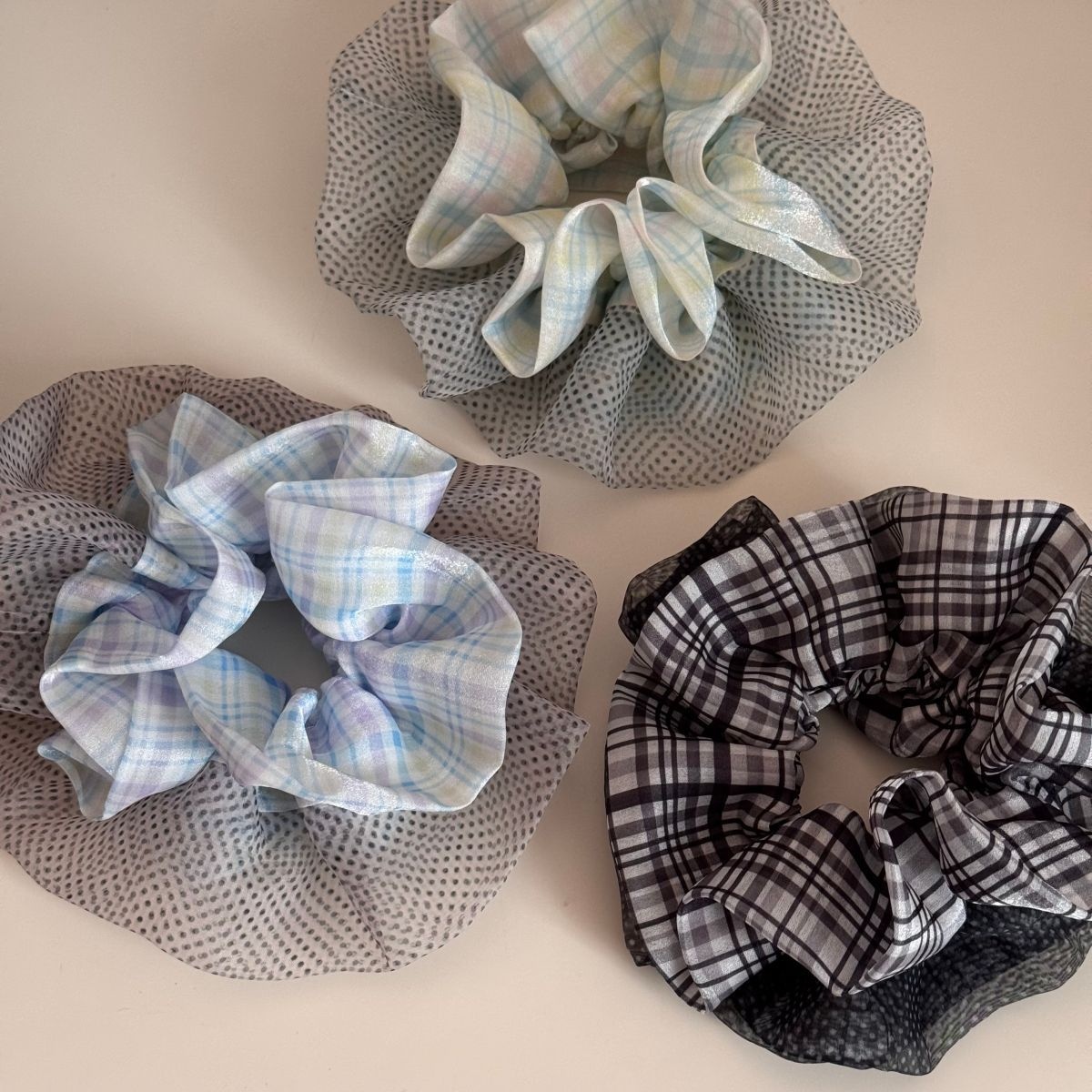 Women's Oversized Spring Tulle Hair Tie Scrunchie Green Polka Dots