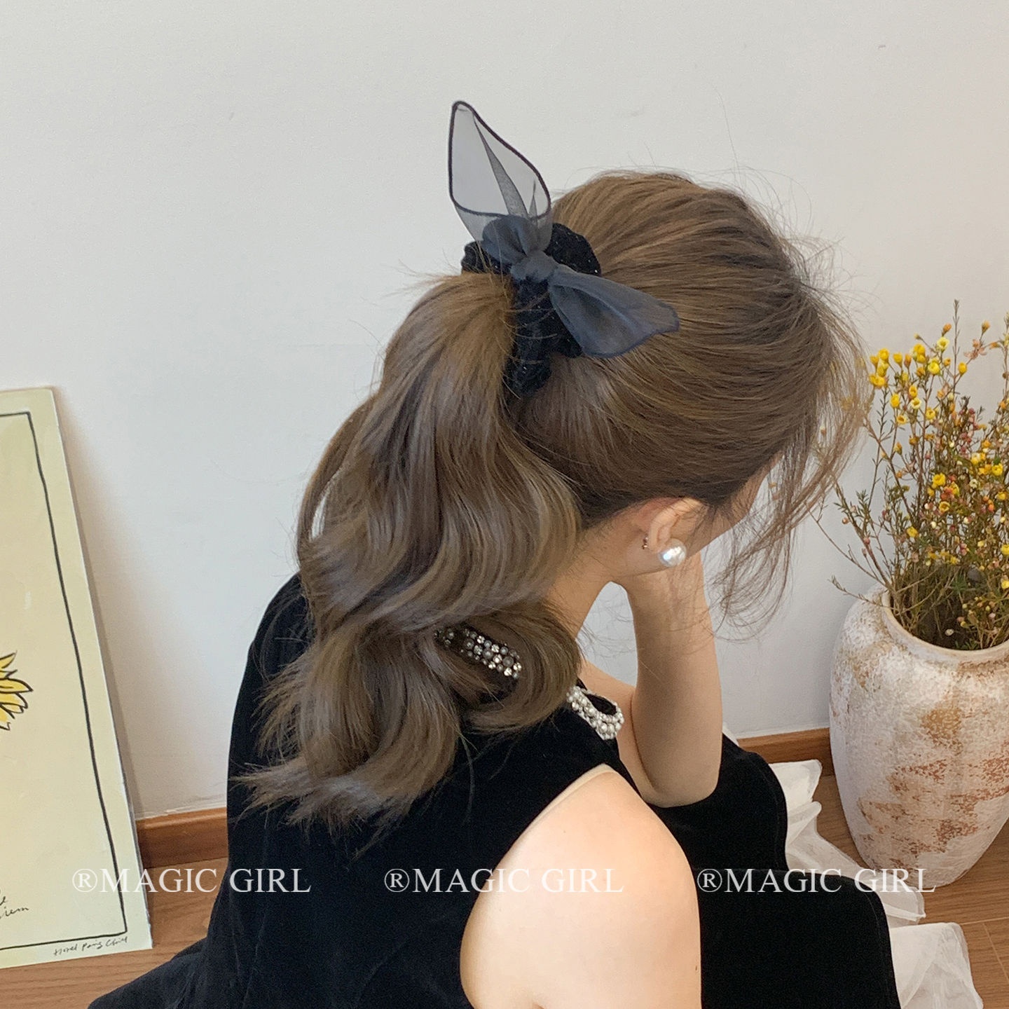 Women's Velvet Rabbit Ear Ponytail Holder Hairband Black Bowknot