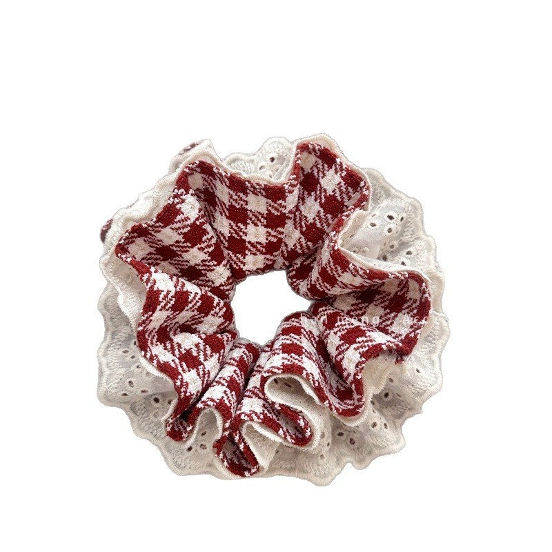 Ladies Christmas Cotton Multi-Layer Hair Tie Scrunchie Red Plaid