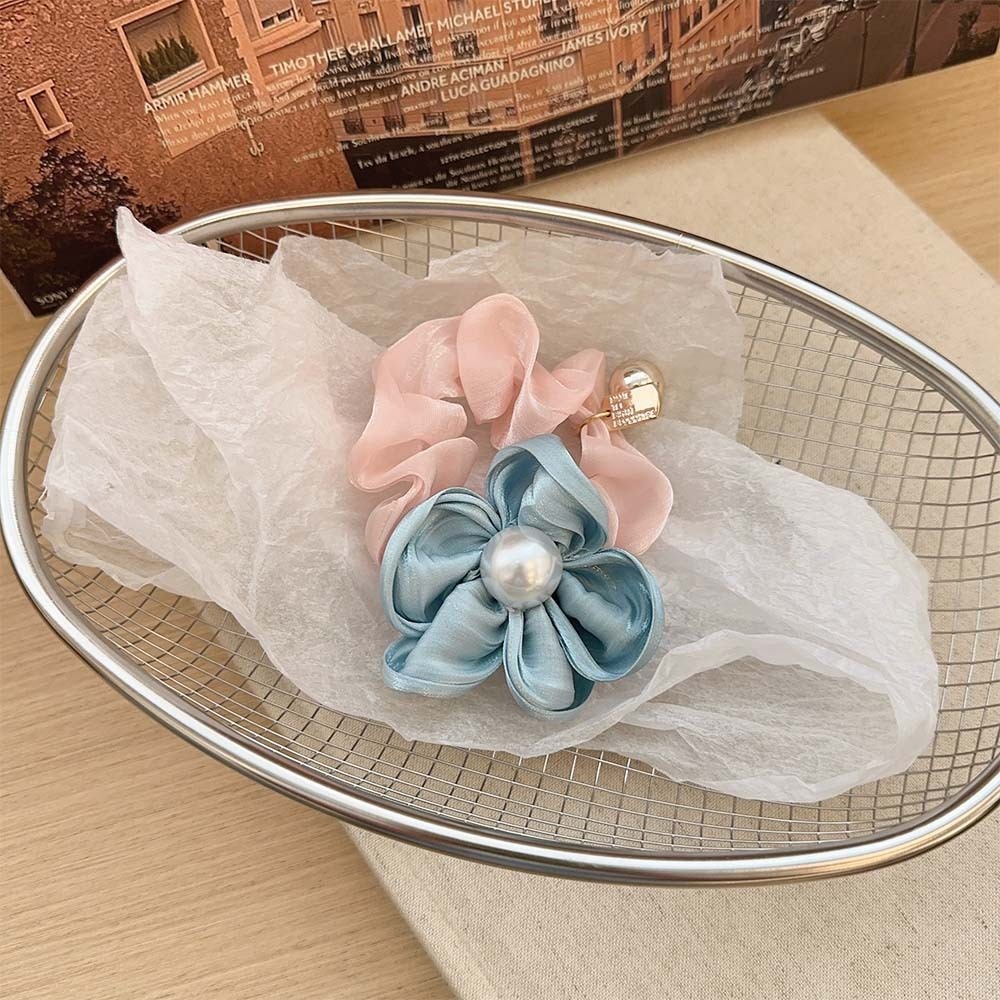 Women's Retro Satin Pearl Elastic Ponytail Holder Summer Floral Hairband
