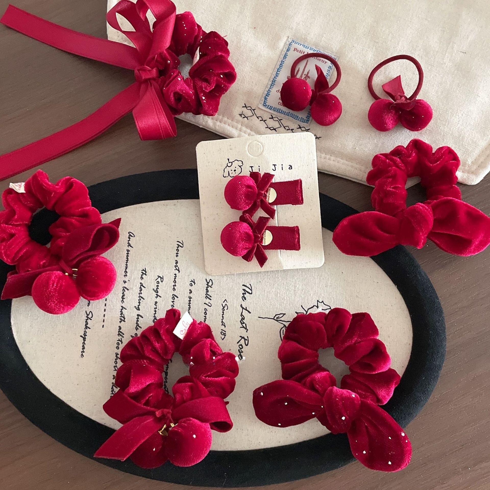 Girls Festive Velvet Bowknot Hair Tie And Clip New Year Accessory Red