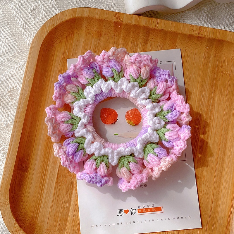 Women's Handmade Knitted Yarn Scrunchie Bellflower Bowknot Hair Tie
