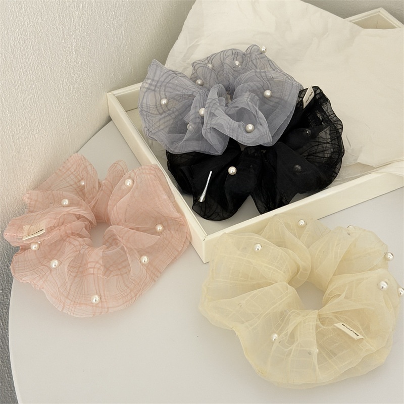 Women's Daily Pearl Gauze Scrunchies Pink Plaid Checkered Hair Tie