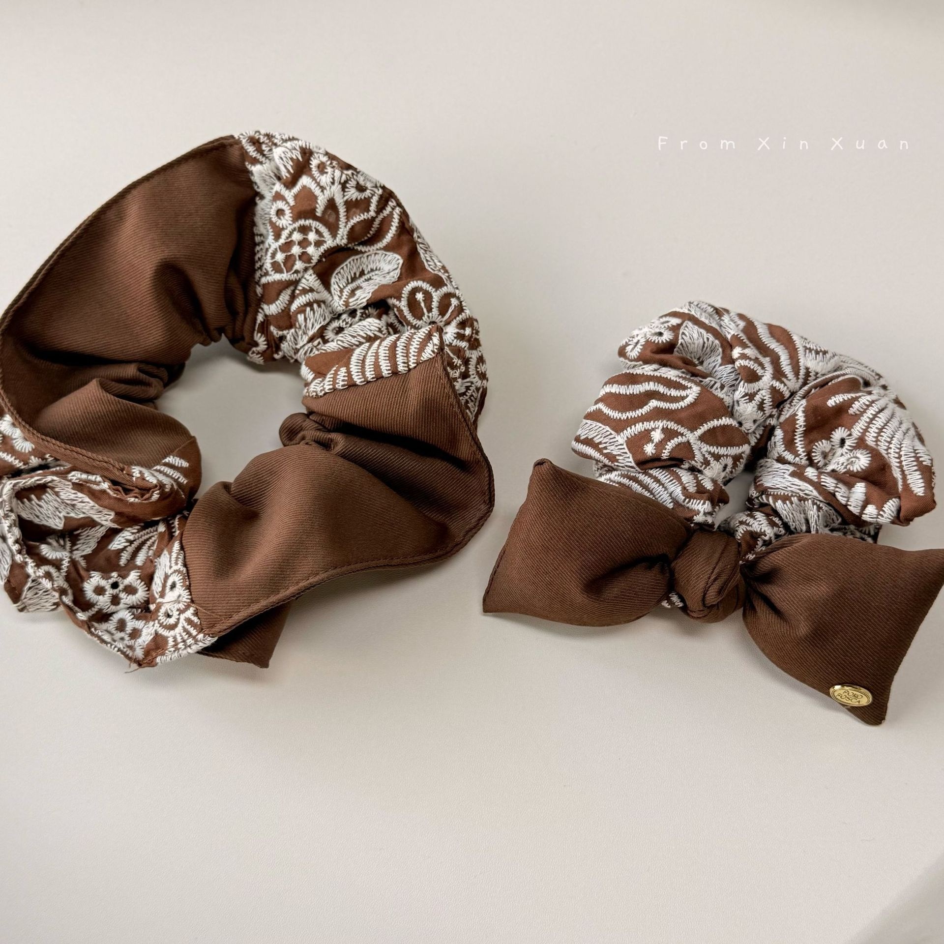 Women's Vintage Winter Cloth Bow Bun Hair Tie Embroidered Coffee Blue