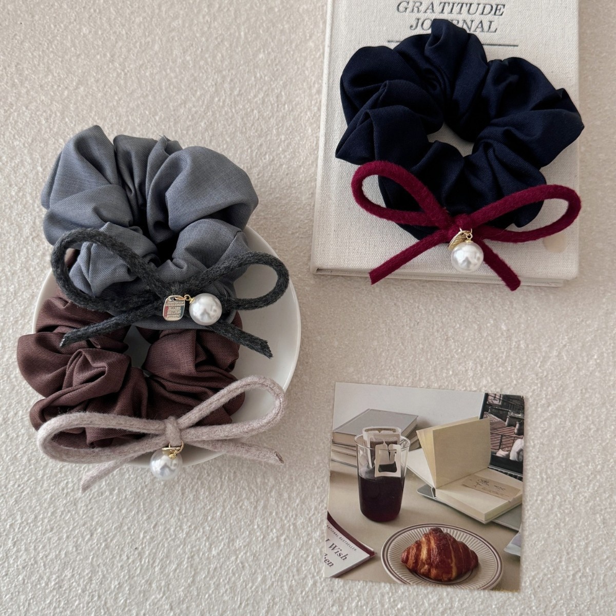 Women's Elegant Large Bow Hair Tie with Pearl Pendant Fabric Butterfly Knot