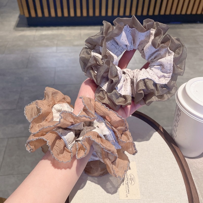 Women's Spring Tulle Scrunchie Ponytail Holder Beige Polka Dots