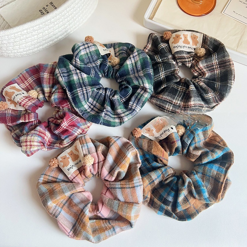 Women's Autumn Styling Cloth Hair Tie Grey Plaid Little Bear Pattern