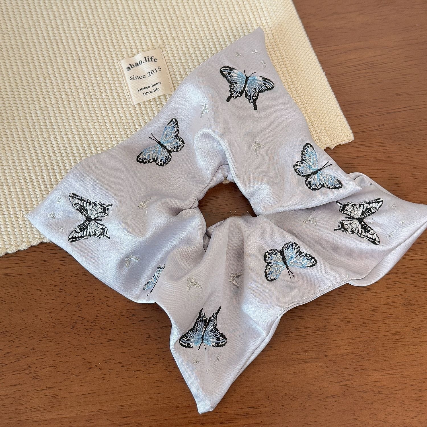 Women's All Season Satin Hair Tie Black Silver Butterfly Embroidery