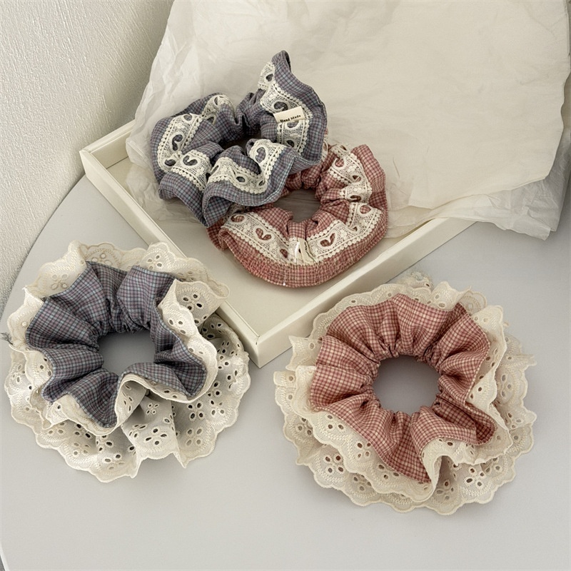 Women's Summer Cloth Hair Scrunchies Pink Plaid Lace Patchwork