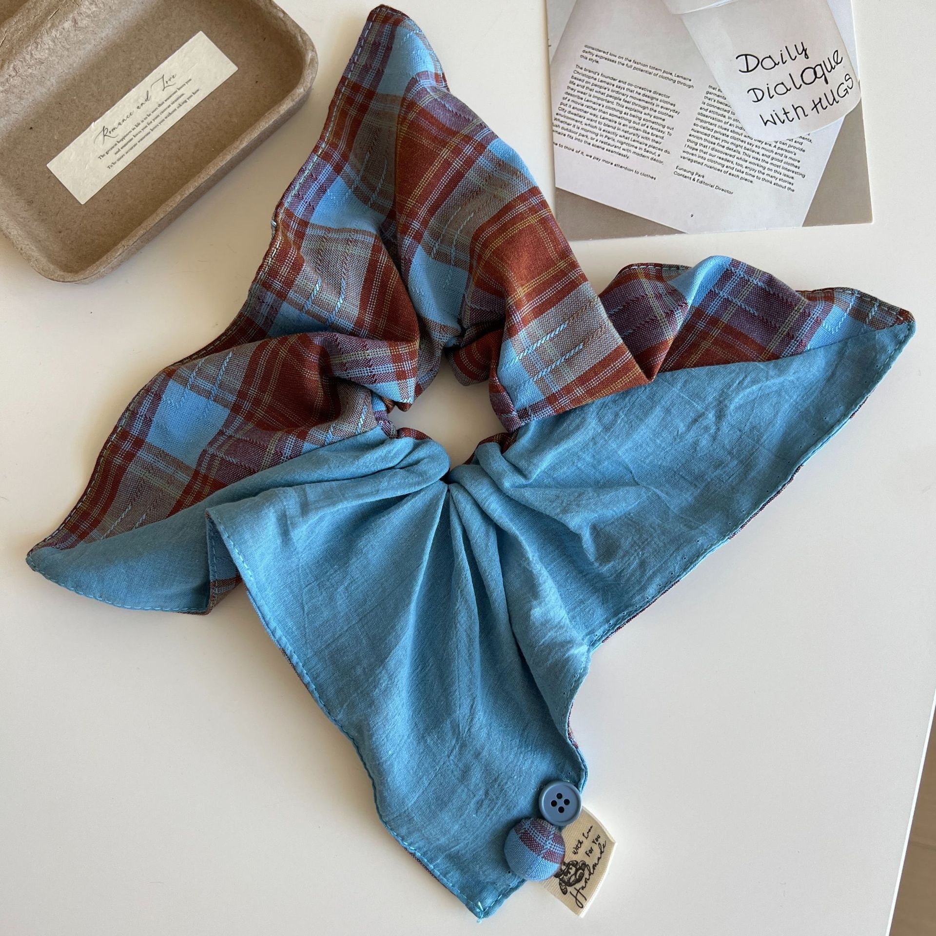 Women Girls Cloth Scarf Ponytail Hair Tie Blue Red Plaid Lattice