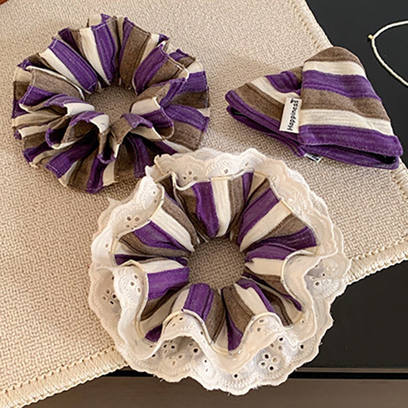 Women's Luxury Cloth Oversized Bow Hair Tie Purple Brown Striped