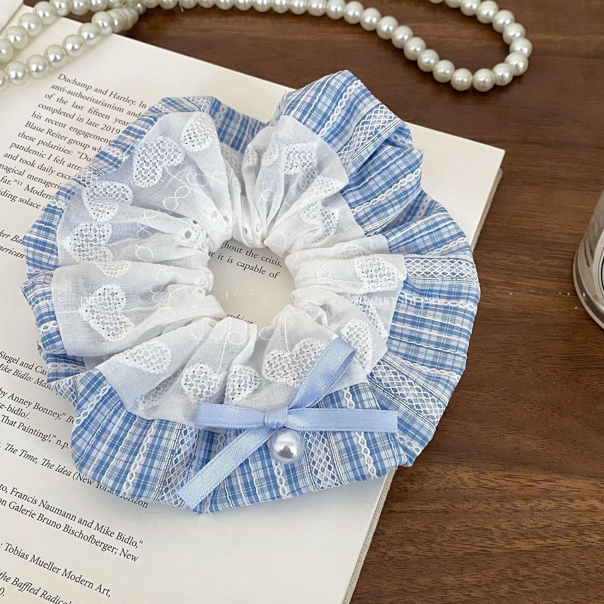 Women's Pearl Lace Bowknot Cloth Hair Scrunchie Blue Checkered