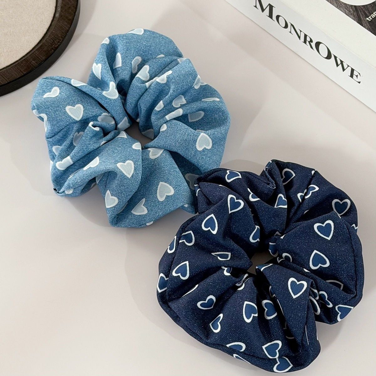Women's Vintage Denim Hair Tie Band Accessory Blue Heart Shaped Print