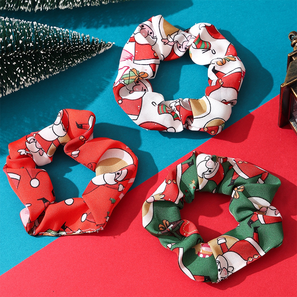 Women's Cloth Ribbon Elastic Hair Ties Christmas Santa Claus Pattern