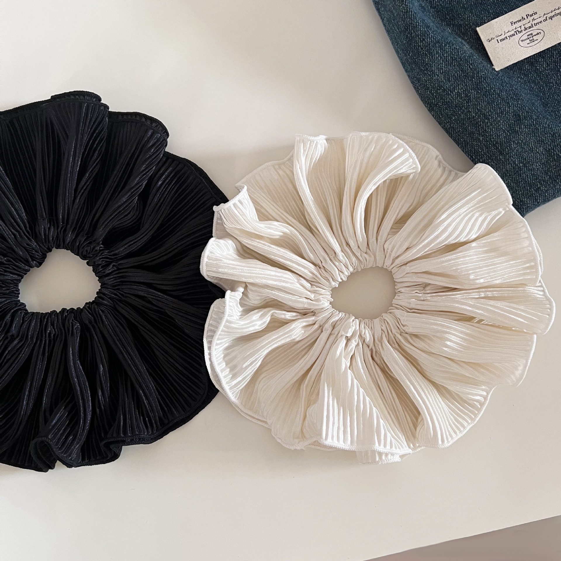 Women's French Shiny Pleated Cloth Ponytail Hair Tie Solid White Black