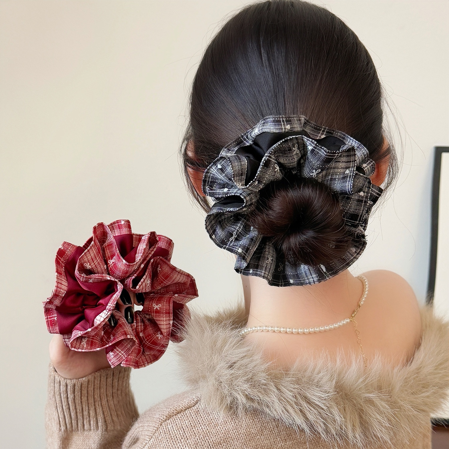 Women Casual Cloth Two-Layer Bowknot Hair Scrunchie Red Black Plaid