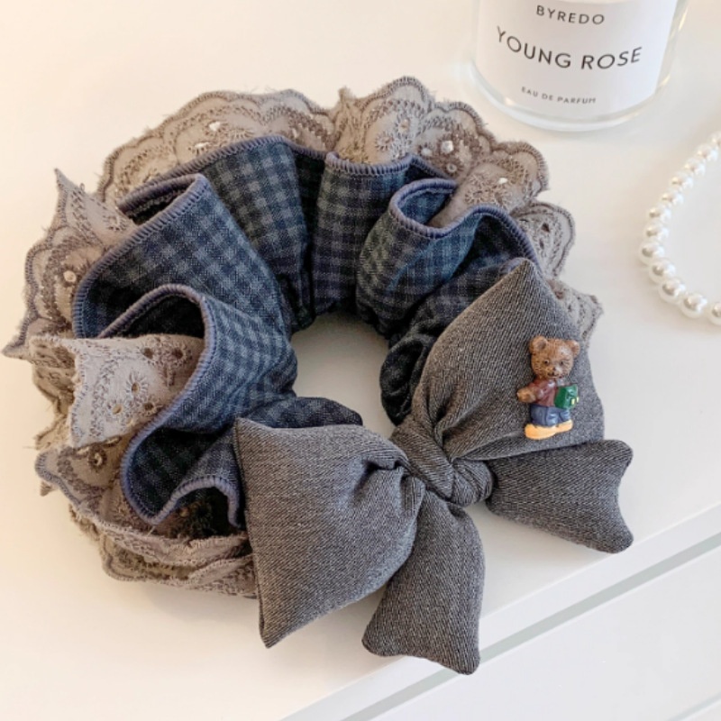 Women's Winter Knitted Woolen Hair Ties Double Layer Green Color Block