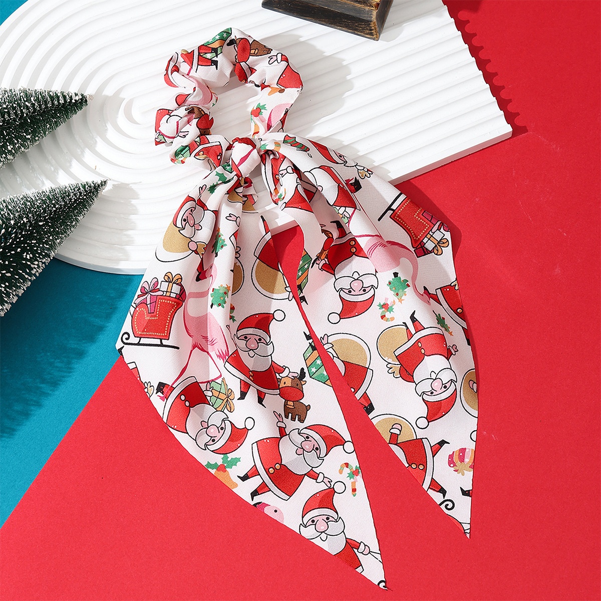 Women's Cloth Ribbon Elastic Hair Ties Christmas Santa Claus Pattern