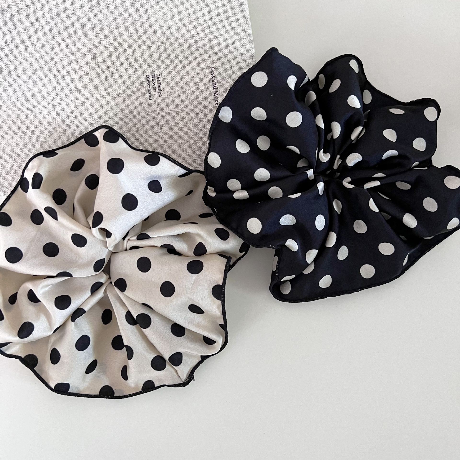 Women's Extra Large French Satin High Bun Hairband Black White Polka Dot