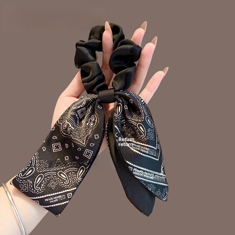 Women's French Satin Bowknot Hair Tie Spring Accessory White Black Print