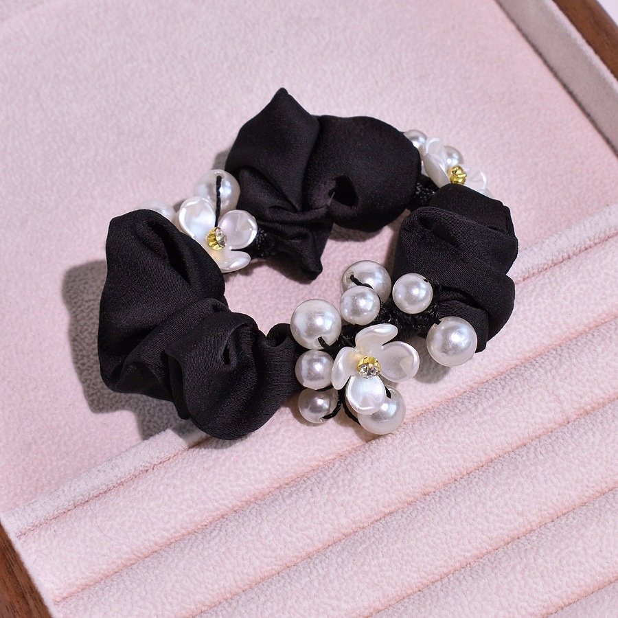 Women's French Satin Crystal Low Bun Hair Tie Rose Floral Beige Black