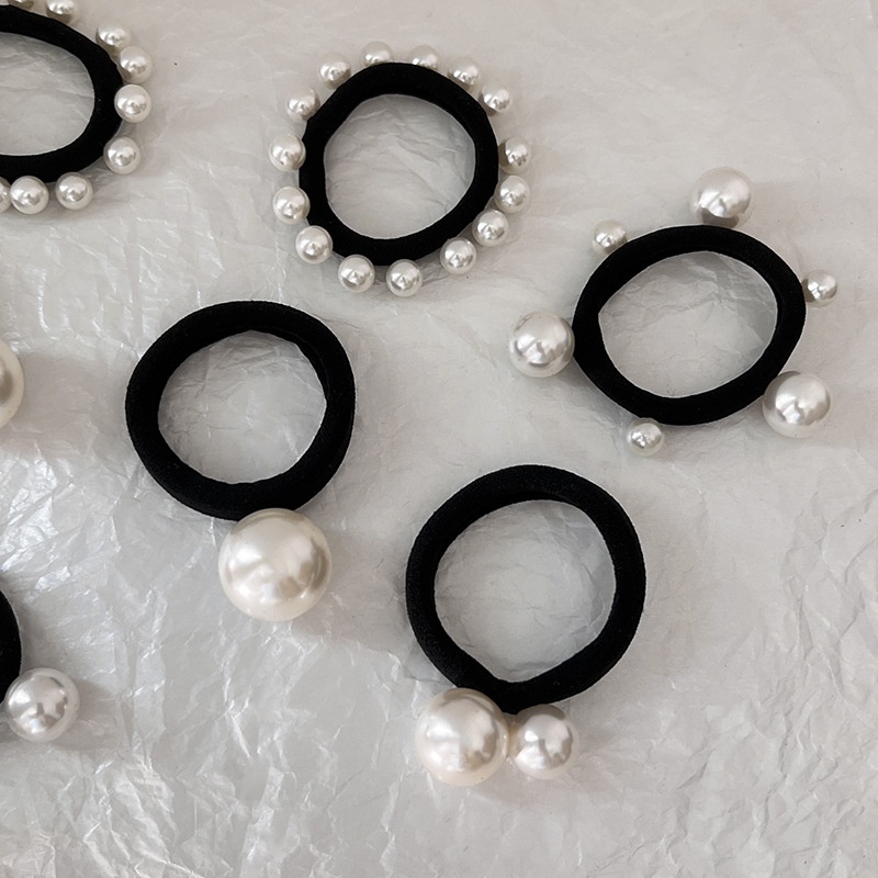 Women's High Elastic Pearl Hair Tie No Damage Ponytail Holder Black