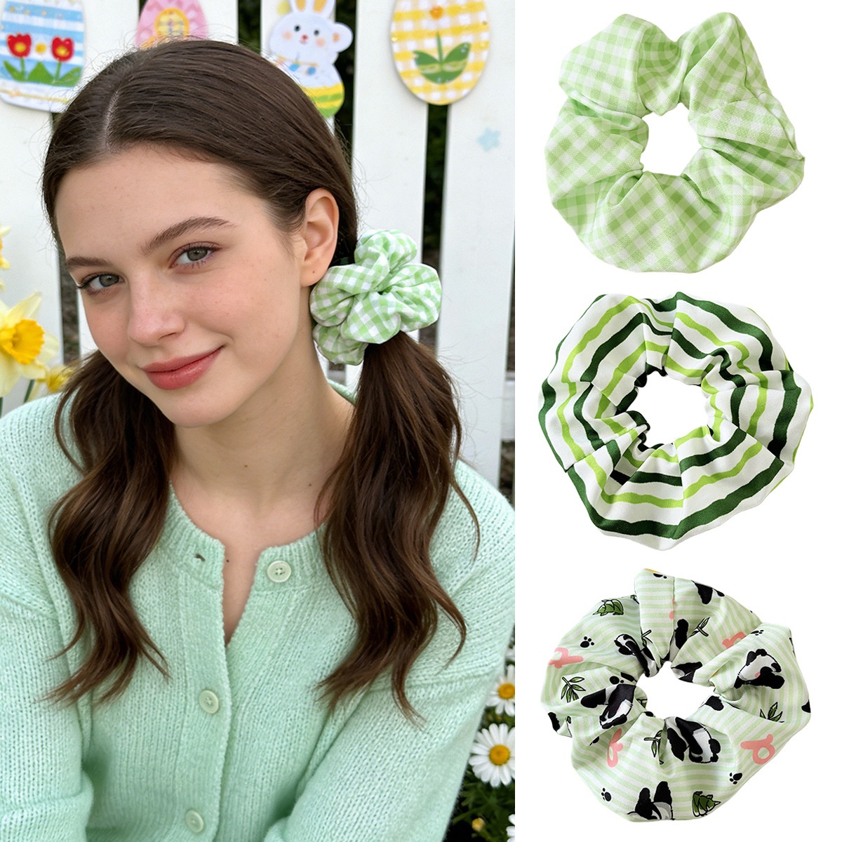 Women's Winter Cloth Hair Tie Cute Green Plaid Panda Pattern
