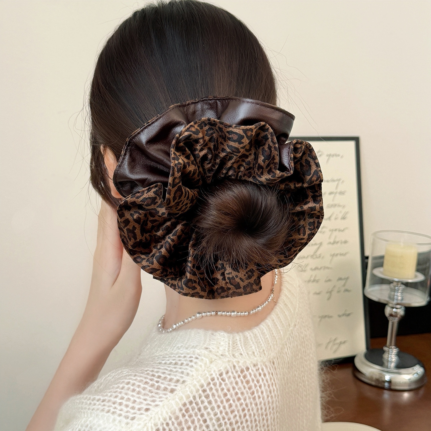 Women's Luxury Leopard Retro Leather Hair Tie Fall Large Bun Scrunchie