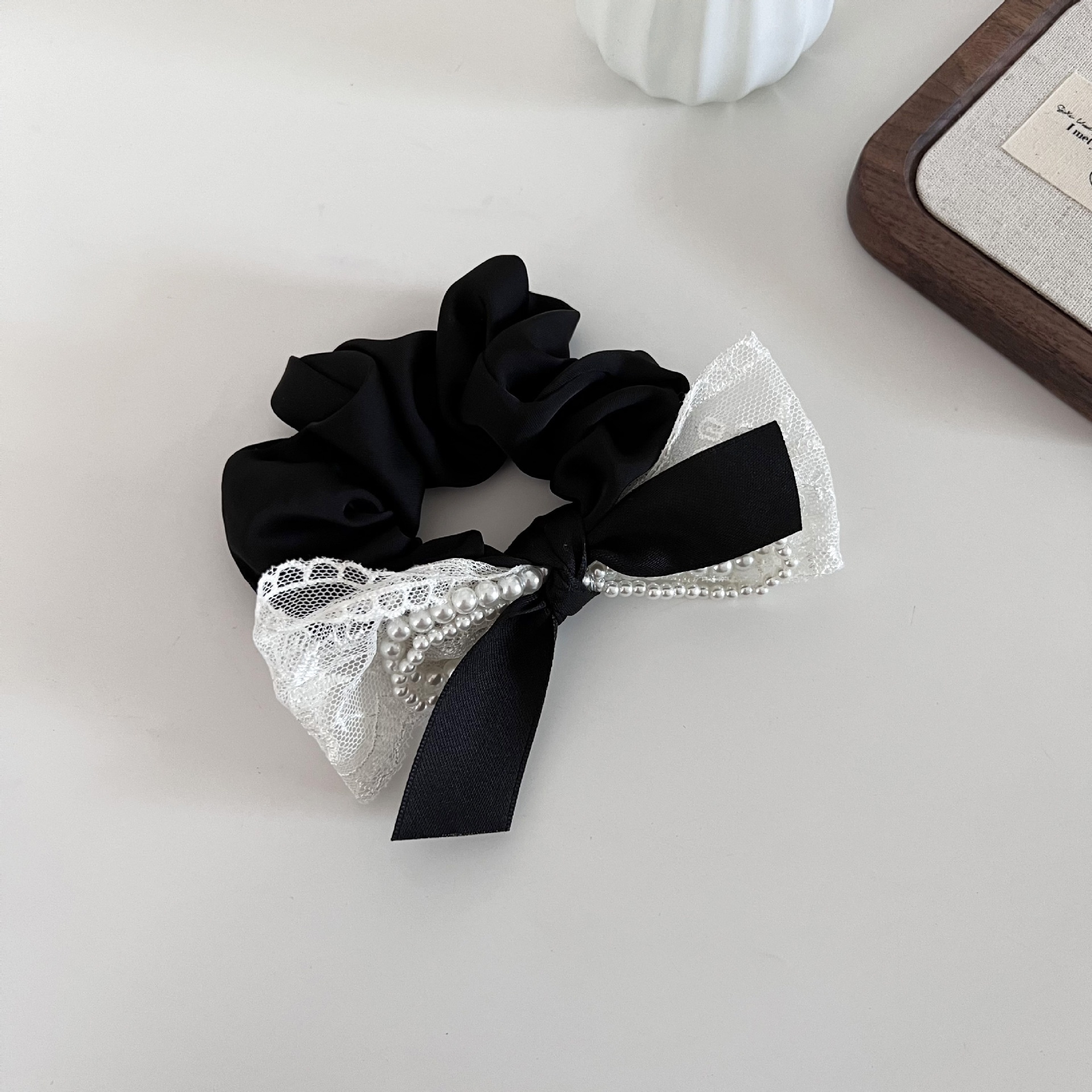 Women's Elegant Lace Pearl Ponytail Elastic Hair Tie Bowknot Pink Black