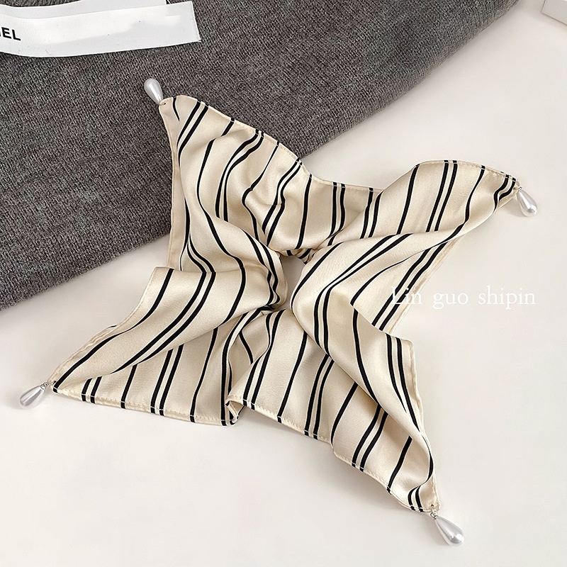 Women's All-Season Soft Satin Pearl Hair Tie Striped Beige Black