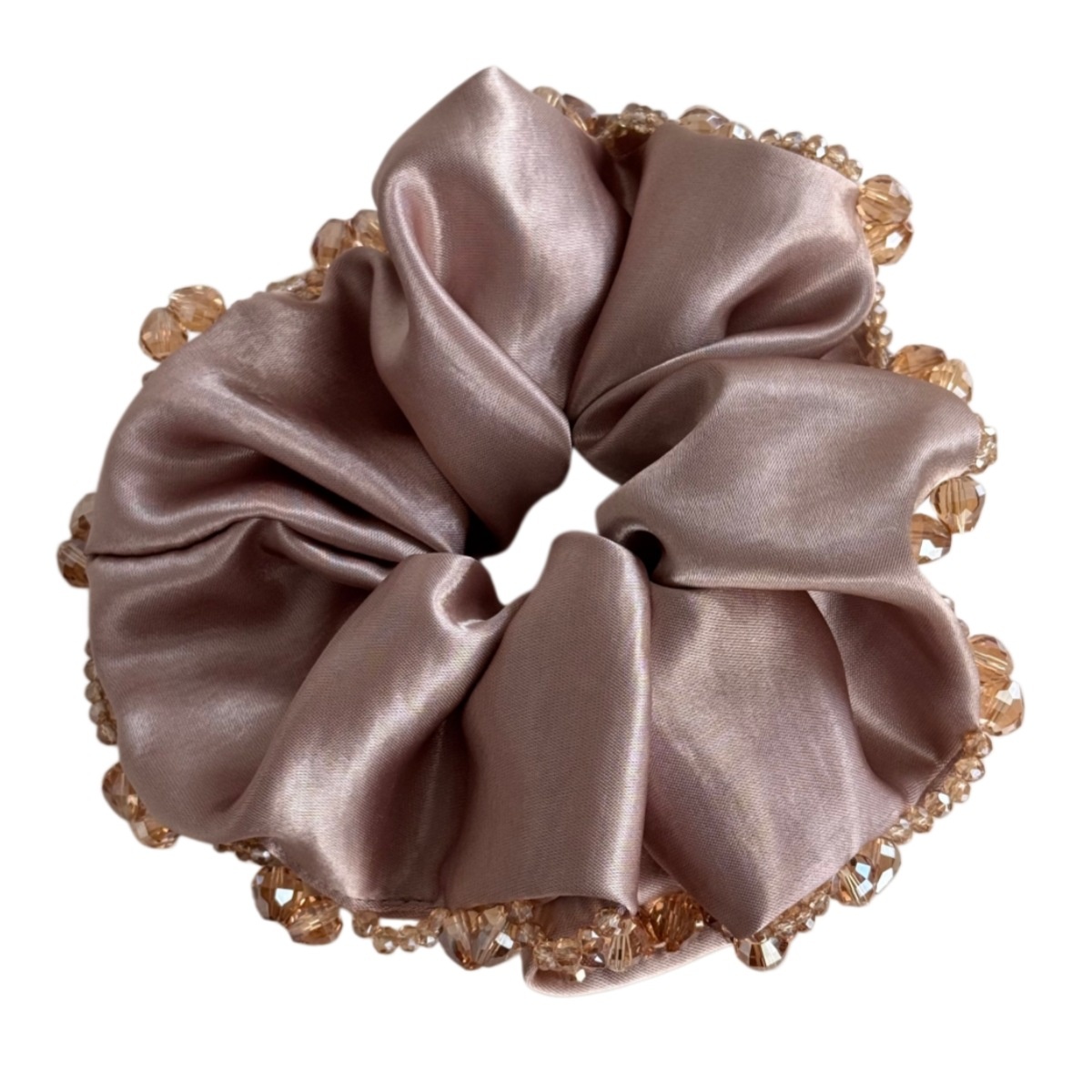 Women's Spring French Retro Satin Hair Tie Sparkly Crystal Beige